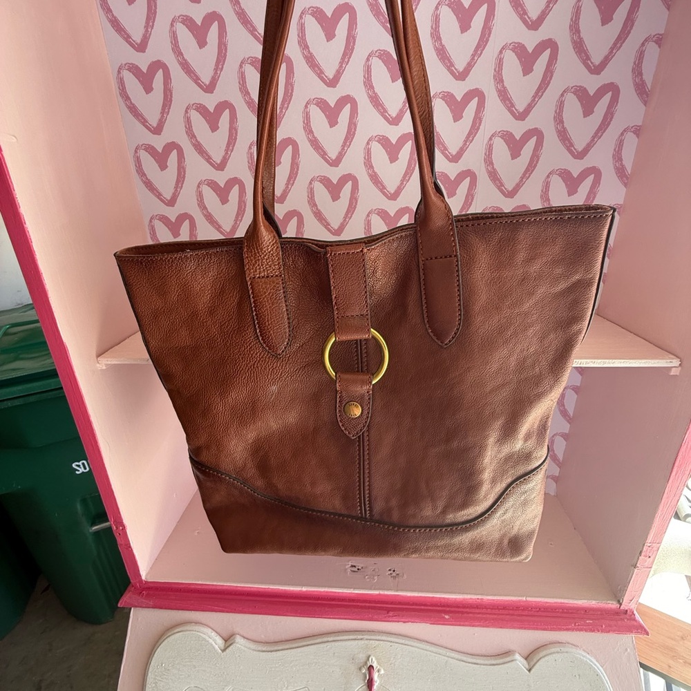 Frye Brown Leather Tote with Gold Ring